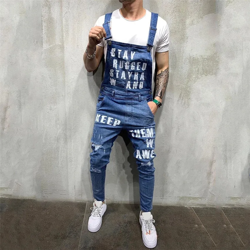 2020 Fashion Men's Ripped Jeans Jumpsuits Ankle Length Letter printing Distressed Denim Bib Overalls For Men Suspender Pants
2020 Fashion Men's Ripped Jeans Jumpsuits Ankle Length Letter printing Distressed Denim Bib Overalls For Men Suspender Pants