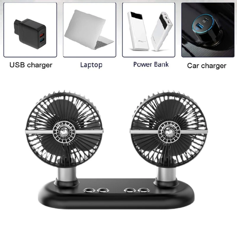 Portable Car Fan Adjustable Dual Head 3 Speeds Strong Wind 90 Rotatable Auto Cooling Desk Fan for SUV Truck Dashboard