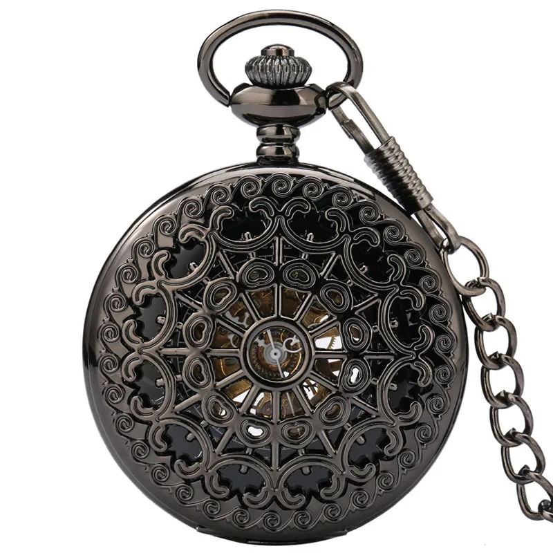 

Antique Black Hollow Spider Web Hand Winding Mechanical Pocket Watch Luxury Roman Numerals Display FOB Chain Pendant Clock Gift