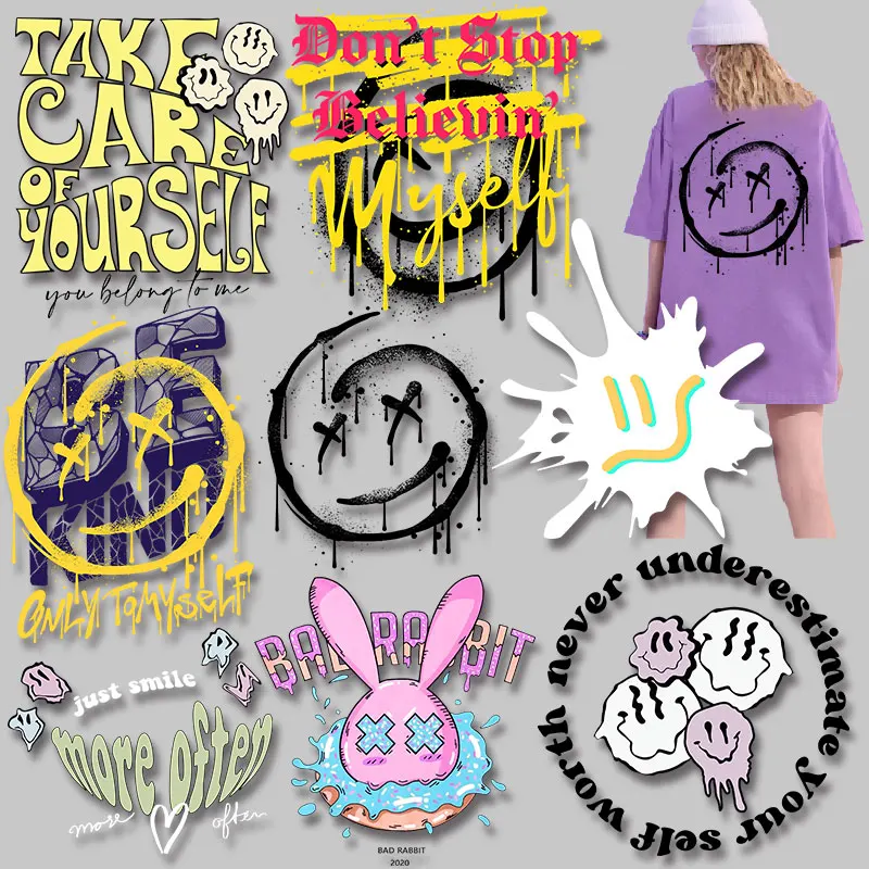 Cartoon character letters graffiti smiley pattern Stickers on fabric Heat Transfer for Clothing Printed Garment Accessories
Cartoon character letters graffiti smiley pattern Stickers on fabric Heat Transfer for Clothing Printed Garment Accessories