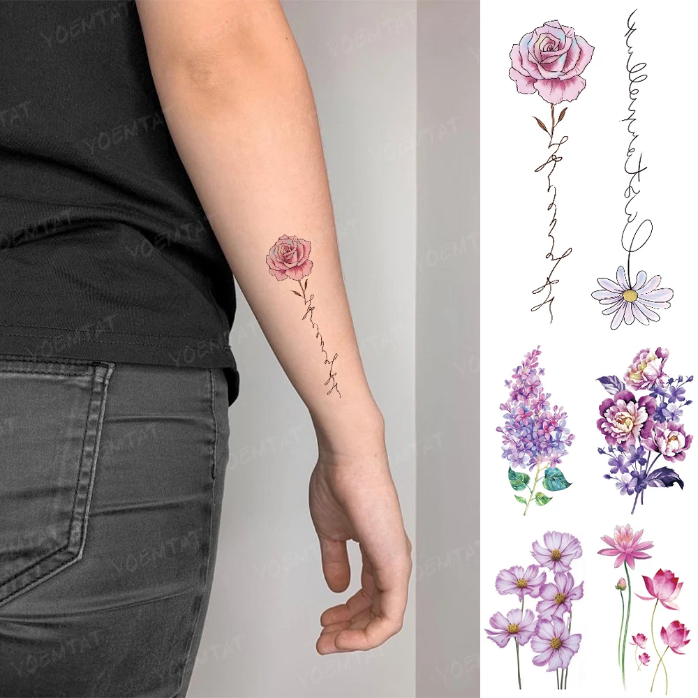 

Waterproof Temporary Tattoo Sticker Woman Rose Daisy Lavender Peony Flash Tatoo Woman Line Simple Color Body Art Fake Tatto Man