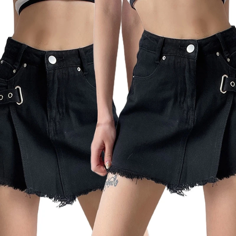 

Women High Waist Asymmetric Denim Shorts Gothic Punk Metal Buckle Frayed Raw Hem Harajuku Mini Jeans Wrap Skirt Skort