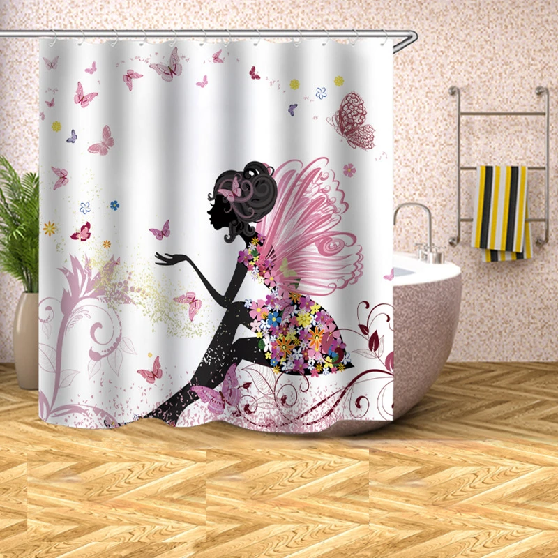 

Butterfly Princess Girl Polyester Waterproof Shower Curtain with 12pc Hooks Mouldproof Bath Curtain Home Bathroom Decor Curtain