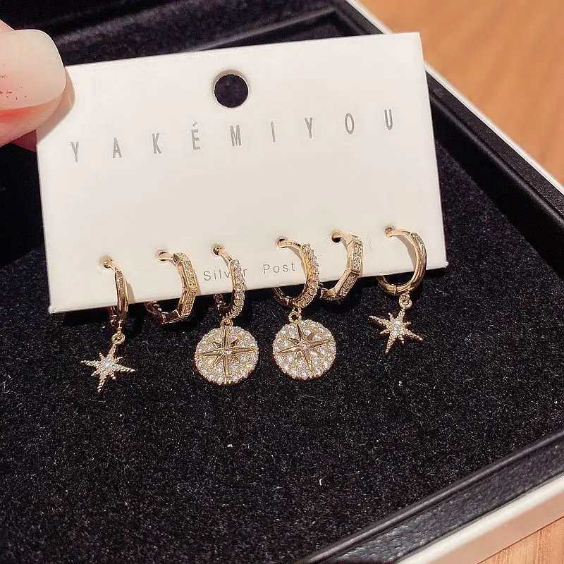 Trendy cute earring 6pcs/set Inlaid zircon Gold color Eight-pointed star ring earrings hoop earrings fashion jewelry women
Trendy cute earring 6pcs/set Inlaid zircon Gold color Eight-pointed star ring earrings hoop earrings fashion jewelry women