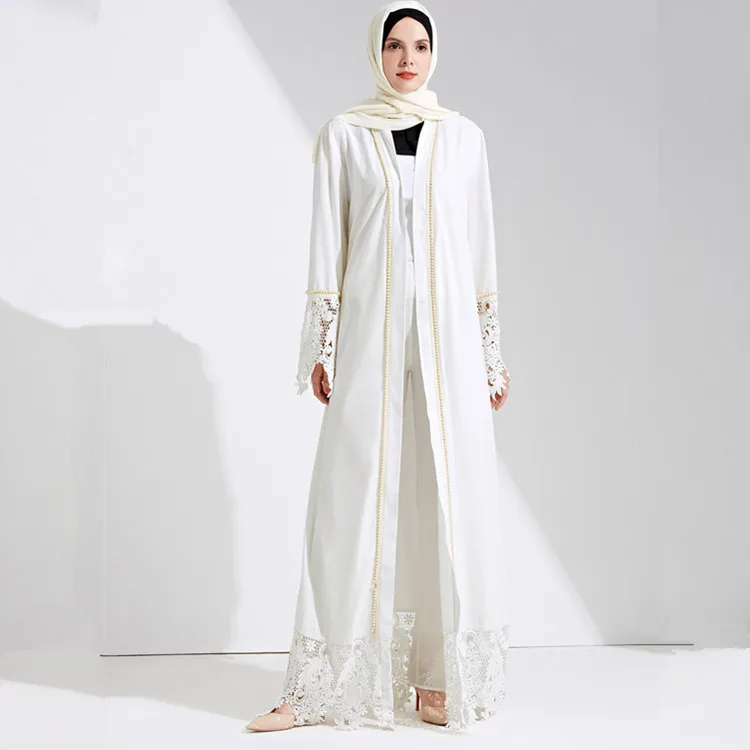 New Muslim Women's White Lace Pearl Stitching Cardigan Robe Fashion Casual Pure Color Long Sleeve Dress Dubai Women's Dress
New Muslim Women's White Lace Pearl Stitching Cardigan Robe Fashion Casual Pure Color Long Sleeve Dress Dubai Women's Dress