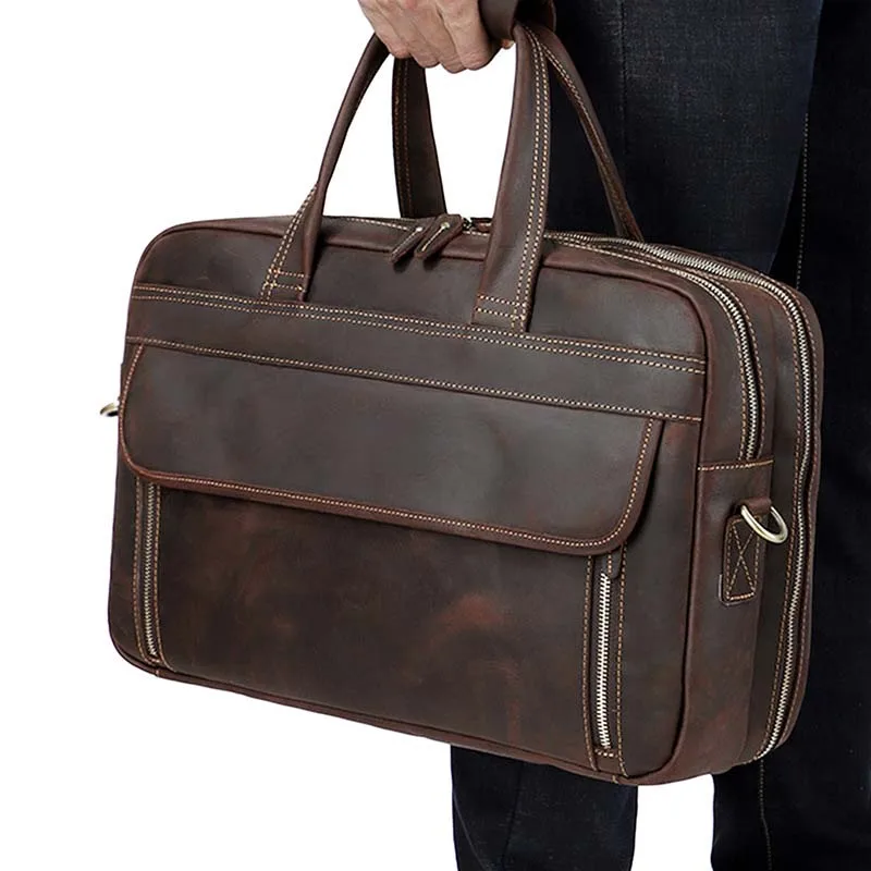 

AETOO Crazy horse leather large capacity briefcase men's business handbag retro 17-inch computer bag multifunctional leather men