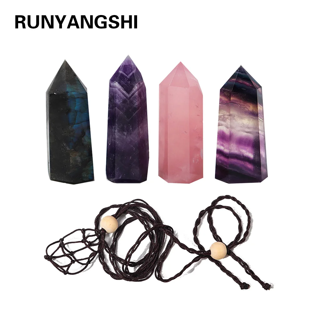 

Natural Crystal Rose quartz magic point Amethyst crystal tower hexagonal column Reiky Gem Hand woven mesh bag Pendant Jewelry