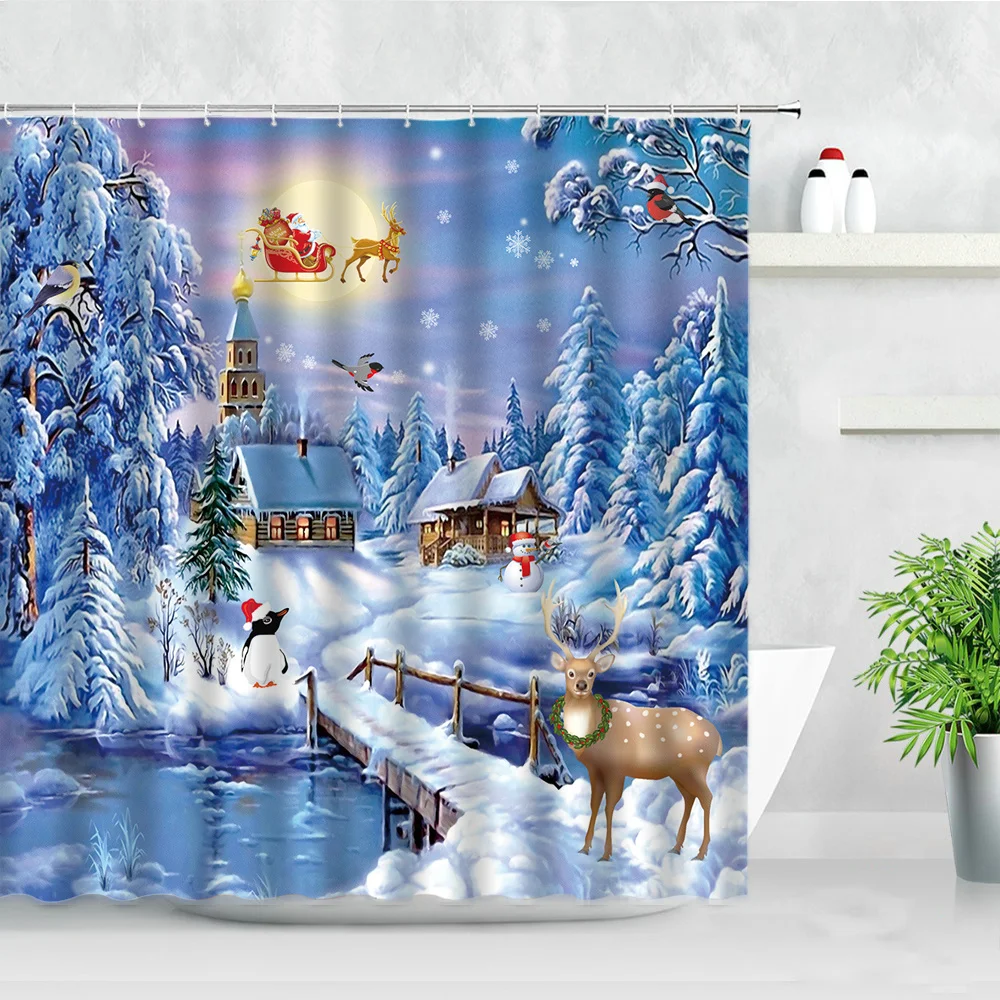 

Christmas Shower Curtains Cedar Cartoon Santa Elk Winter Snow Scenery Party Home Wall Decor Waterproof Children Bathroom Screens