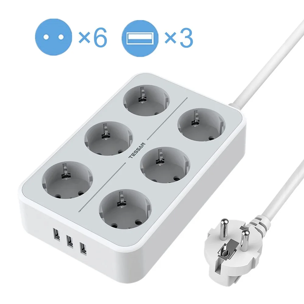 TESSAN EU Multiple Electrical Socket Power Strip With 6 Way EU Outlets and 3 USB Charging Ports Switch 2M Socket Extension Cable
TESSAN EU Multiple Electrical Socket Power Strip With 6 Way EU Outlets and 3 USB Charging Ports Switch 2M Socket Extension Cable