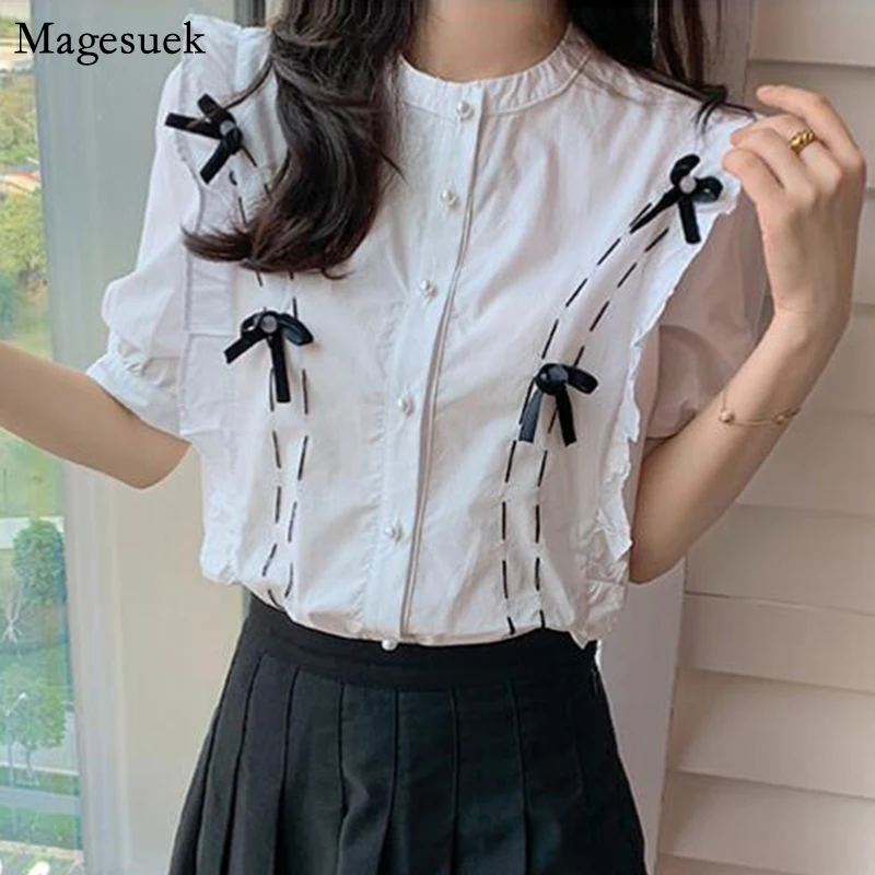 Summer New Elegant Puff Short Sleeve Ruffled Women's Shirt Korean Sweet Bow White Woman Blouses Office Ladies Fashion Tops 14276
Summer New Elegant Puff Short Sleeve Ruffled Women's Shirt Korean Sweet Bow White Woman Blouses Office Ladies Fashion Tops 14276