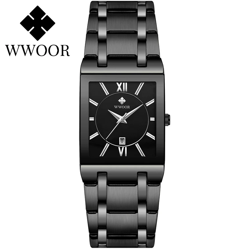 Fashion Full Black Watch Man 2021 WWOOR Top Brand Luxury Men's Quartz Wristwatches Square Waterproof Sport Business Reloj Hombre |