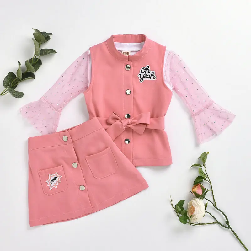 1-5Y Toddler Kid Girls Clothing Set Mesh Long Sleeve T shirt + Skirts Bow Waistcoat Outfits Autumn Spring Children Costumes | Мать и