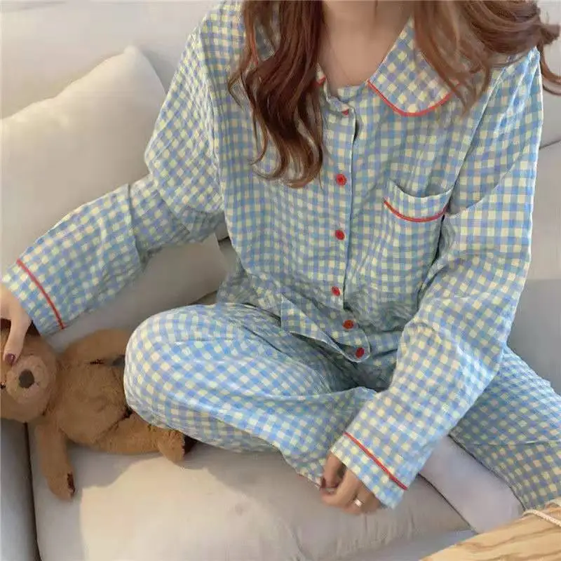 Autumn New Fashion Pajamas Set For Women Turn-Down Collar Striped Lattice Long Sleeve+Pants Sleepwear Loose Home Suit Female
Autumn New Fashion Pajamas Set For Women Turn-Down Collar Striped Lattice Long Sleeve+Pants Sleepwear Loose Home Suit Female