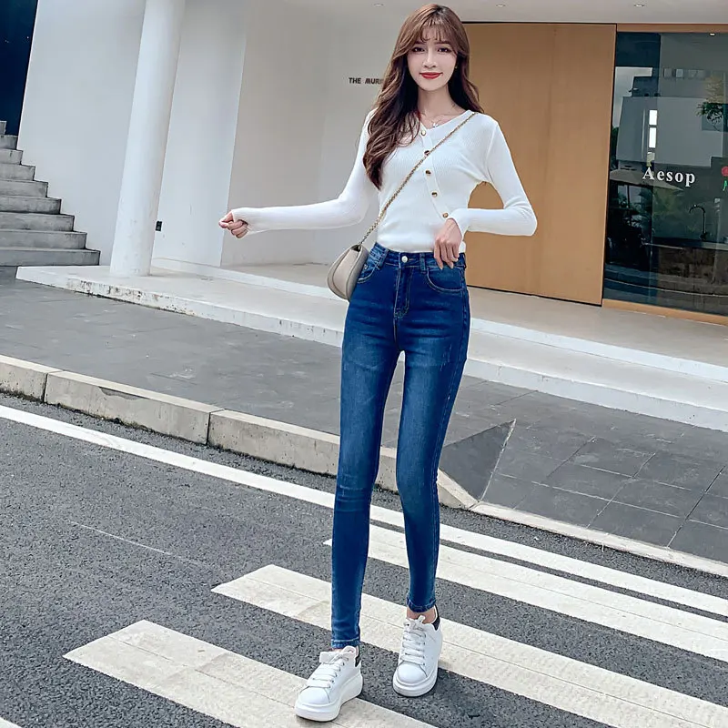 Women's Jeans 2021 Dark Blue Elastic High Quality Slim Pencil Trousers Woman Bodycon Streetwear Large Size Denim Pants For Girls
Women's Jeans 2021 Dark Blue Elastic High Quality Slim Pencil Trousers Woman Bodycon Streetwear Large Size Denim Pants For Girls
