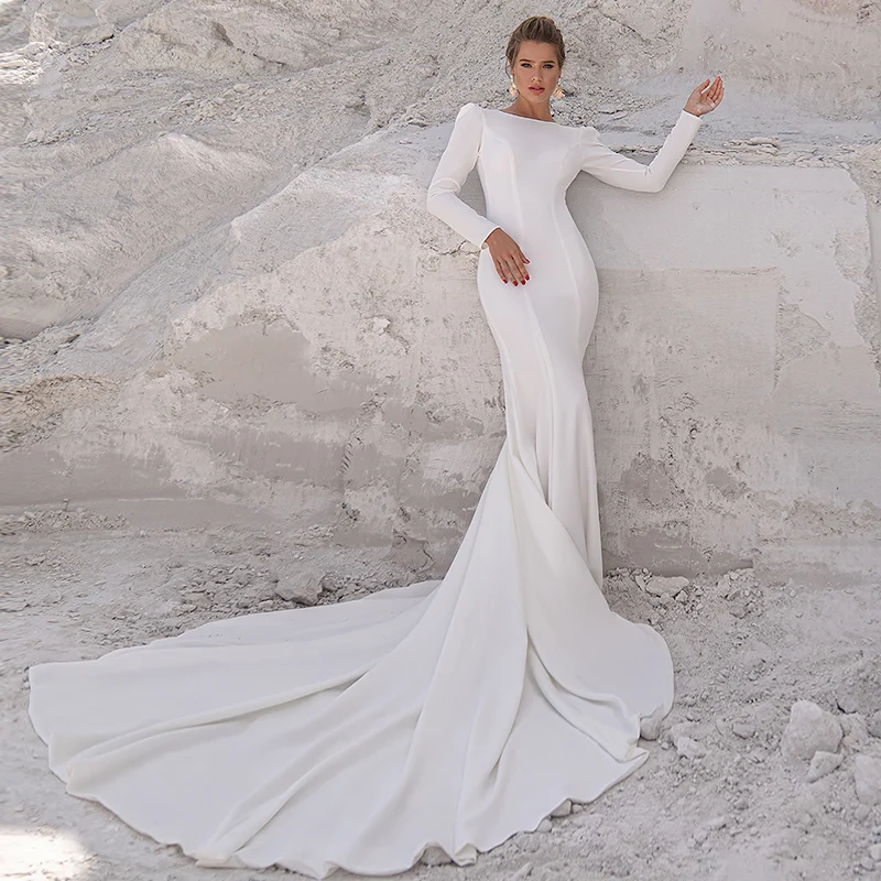 Long Sleeve Mermaid Wedding Dresses 2021 Boat Neck White Simple Bridal Gown For Women Satin Backless Sweep Train Custom Made
Long Sleeve Mermaid Wedding Dresses 2021 Boat Neck White Simple Bridal Gown For Women Satin Backless Sweep Train Custom Made