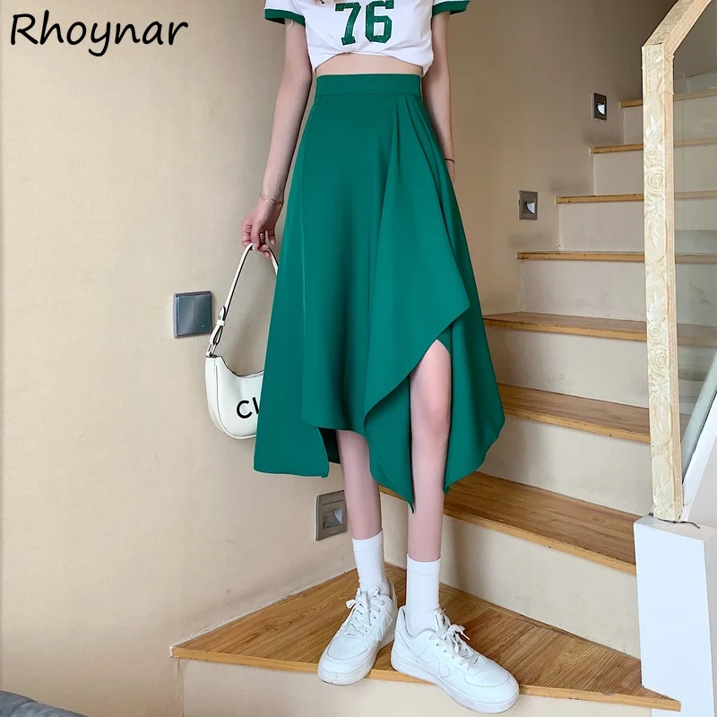

Skirts Women Asymmetrical Mid-calf High Waist Preppy Summer Harajuku Streetwear Hipster Design All-match Solid Ulzzang Female