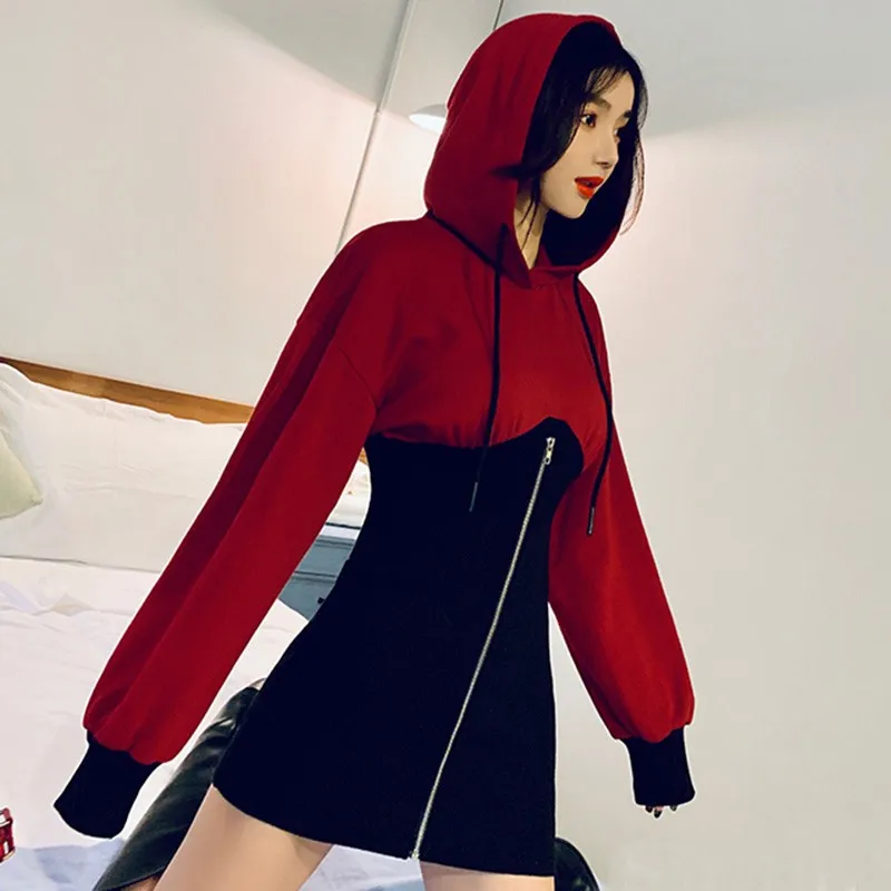 Hot Autumn Hooded Dress Women Pactchwork Fashion Dress All-match Slim Hooded Sweatshirt Dress New
Hot Autumn Hooded Dress Women Pactchwork Fashion Dress All-match Slim Hooded Sweatshirt Dress New