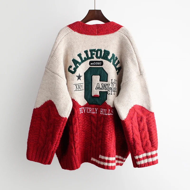 Sweet Women Oversized Cardigans V neck Letters Embroidery Casual Patchwork Loose Jumpers Thick Warm 2021 Autumn Knit Jacket Coat
Sweet Women Oversized Cardigans V neck Letters Embroidery Casual Patchwork Loose Jumpers Thick Warm 2021 Autumn Knit Jacket Coat