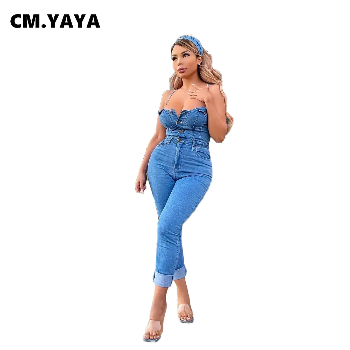 

CM.YAYA Women Denim Jumpsuits Solid Strap Slash Neck Button Pockets Zip Fly Pencil Jumpsuits Fashion Streetwear Summer Outfits