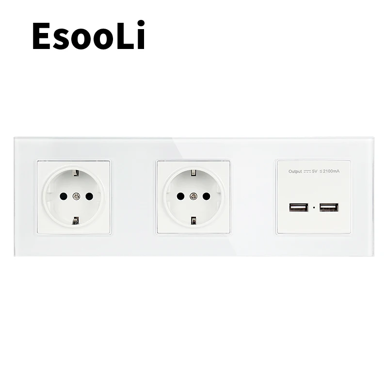 

EsooLi Gold Wall Crystal Glass Panel Double Socket 16A EU Electrical Outlet Dual USB Smart Charging Port 5V 2A Output