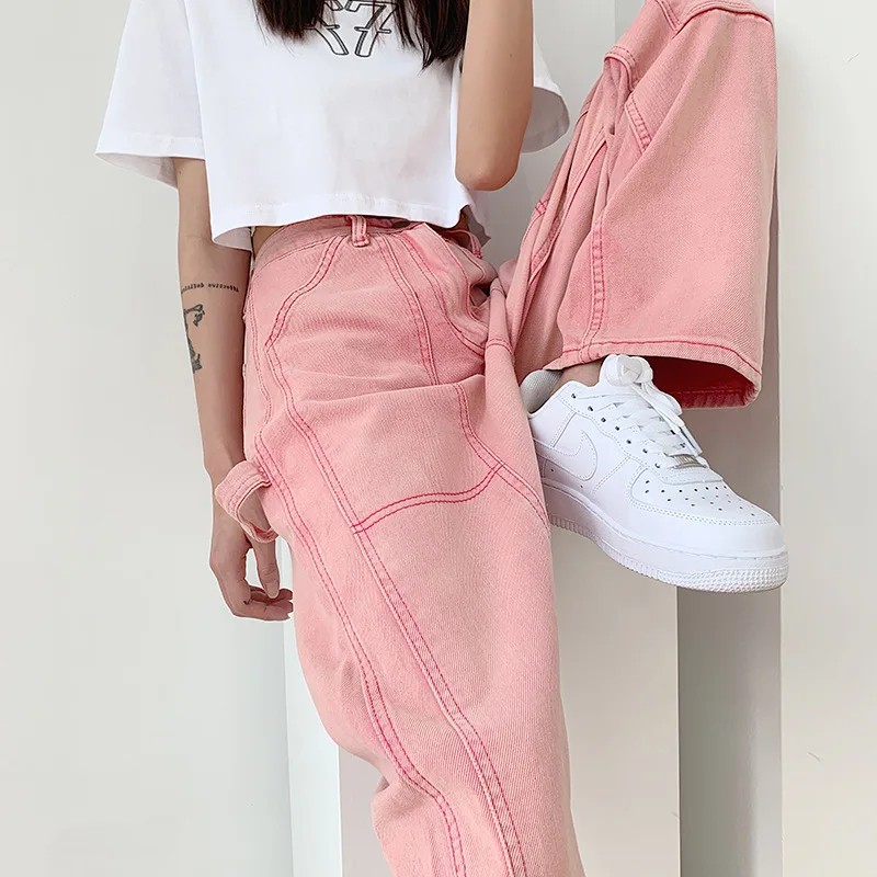 Pink cotton jeans women retro high waist show slim straight leg pants fashion loose long street casual solid color pants
Pink cotton jeans women retro high waist show slim straight leg pants fashion loose long street casual solid color pants