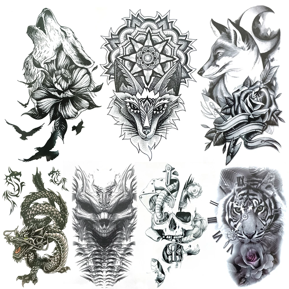 

Mandala Henna Lion Temporary Tattoos For Men Women Wolf Peony Flower Tattoo Sticker Dragon Tiger Skeleton Fake Tatoo Body Chest