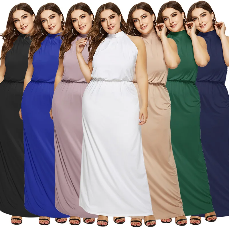 Women Plus Size Elegant Evening Party Dress Sleeveless Halter Tighten Waist Long Dress Solid Color Stretch Maxi Dress Vestidos 
Women Plus Size Elegant Evening Party Dress Sleeveless Halter Tighten Waist Long Dress Solid Color Stretch Maxi Dress Vestidos
