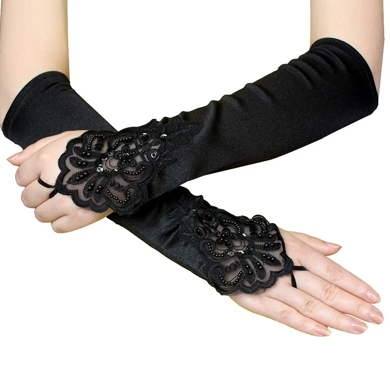 Prom Bride Satin Women' Wedding Gloves Fingerless Sequins Gloves Floral Embroidery Lace Hookfinger Black Gloves ST289 
Prom Bride Satin Women' Wedding Gloves Fingerless Sequins Gloves Floral Embroidery Lace Hookfinger Black Gloves ST289