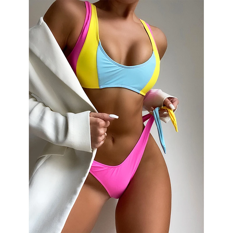 

Mossha 2021 Sexy high cut swimsuit women's swimming suit Bandeau push up bikini set Patchwork swimwear female Knot bathing suit