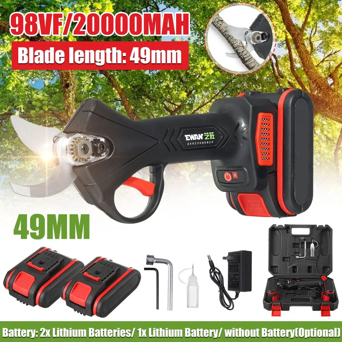 20000mAH 98VF Cordless Pruner Electric pruning shears Efficient Fruit Tree Bonsai Electric Tree Branches Cutter Landscaping Tool
20000mAH 98VF Cordless Pruner Electric pruning shears Efficient Fruit Tree Bonsai Electric Tree Branches Cutter Landscaping Tool