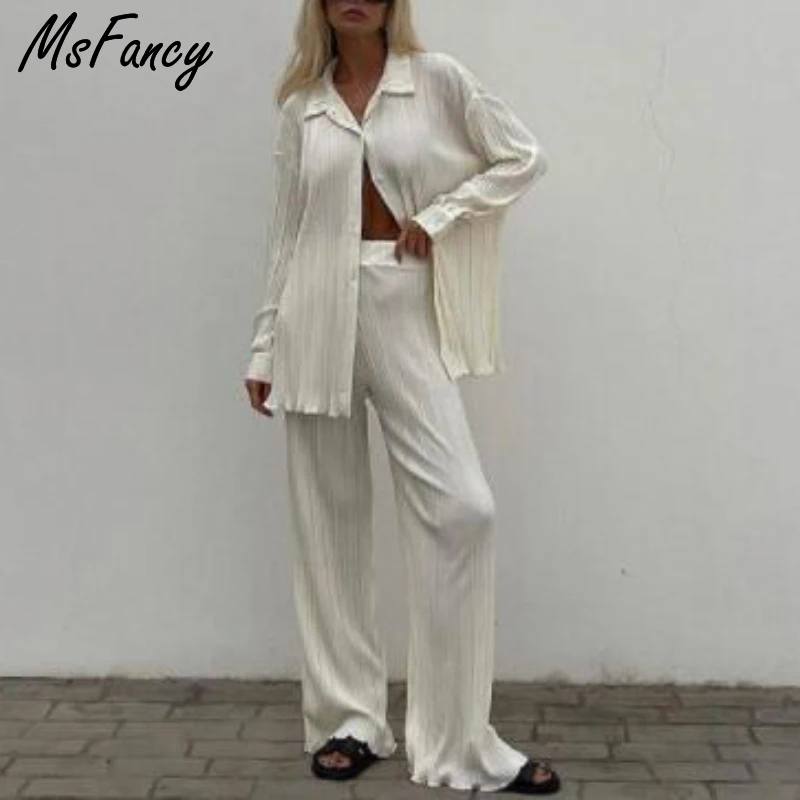 Msfancy Pant Suits Women 2021 White Long Sleeve Shirt Elastic Waist Wide Leg Pants Pajamas Mujer 2 Piece Set Casual Outfit
Msfancy Pant Suits Women 2021 White Long Sleeve Shirt Elastic Waist Wide Leg Pants Pajamas Mujer 2 Piece Set Casual Outfit