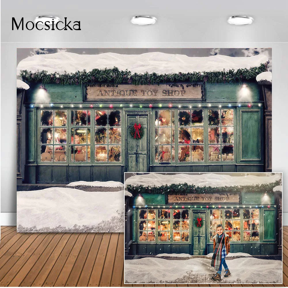 

Фон для фотосъемки с изображением старинного магазина игрушек, зеленого дома, зимнего снега, рождественского праздника, портретный фон для фотостудии