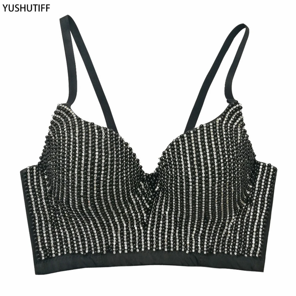 

2022 Summer Sexy Female Corset Beaded Low Cup Nightclub Party Short Women Camis In Bra Cropped Crop Top Push Up Breast YH8208