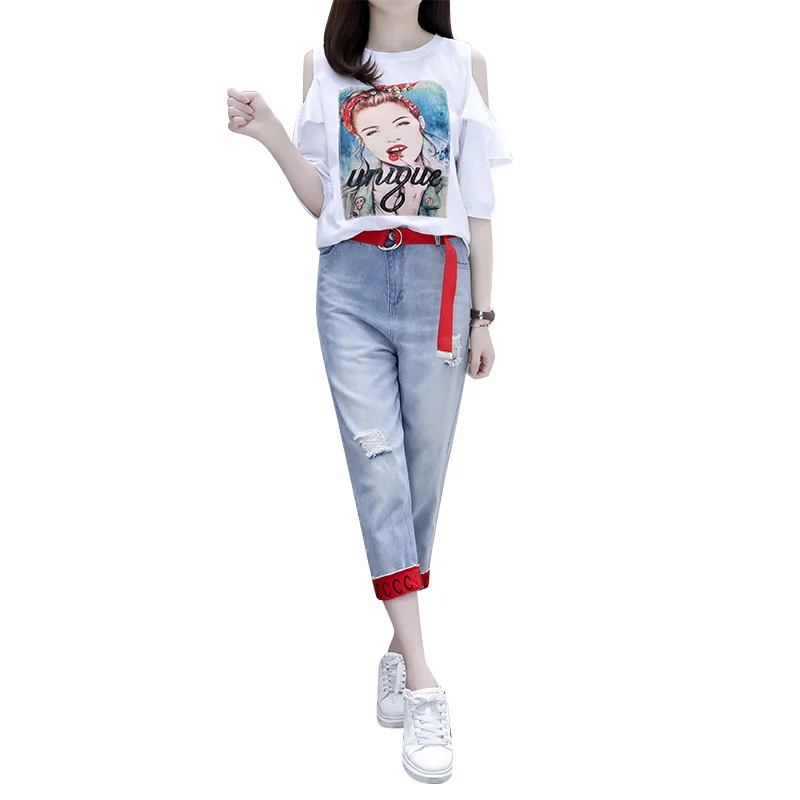 Women Summer 2 Pcs Set Korean Print Character Fashion Two Piece Set Denim Shoulder Top + Ripped Jeans Loose Chic Casual Clothes
Women Summer 2 Pcs Set Korean Print Character Fashion Two Piece Set Denim Shoulder Top + Ripped Jeans Loose Chic Casual Clothes