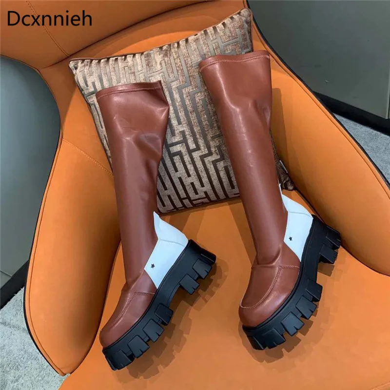 Thick Sole Platform Knee High Boots Women Round Toe Stretch Boot Casual Motorcycle Boots Pleated Leather Long knight Boots Woman