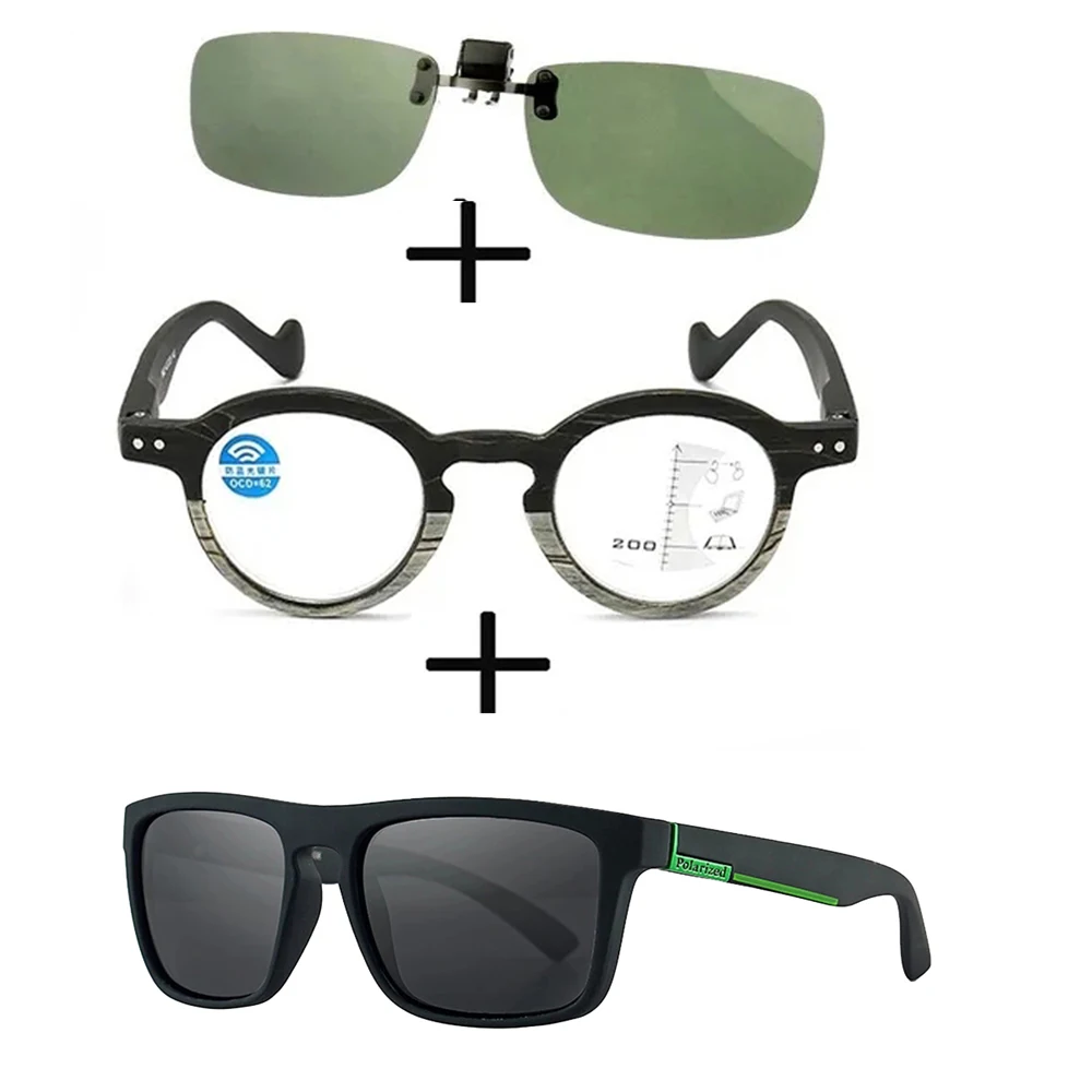

3Pcs!!! Progressive Multifocal Far and Near Reading Glasses for Men Women + Squared Polarized Sunglasses Pilot + Sunglasses Clip