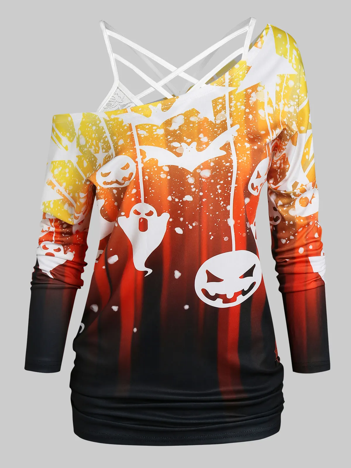 

Wipalo Halloween Bat Pumpkin Print T-Shirt With Flower Lace Criss-Cross Cami Top Long Sleeve Causal Gothic Fashion Women Tees