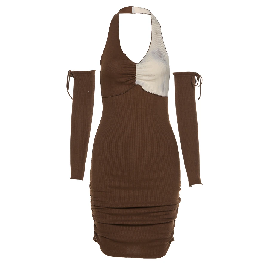 

Sylcue Summer new tight miniskirt chest matching color matching design brown ice sleeve tie sexy fashion tretch Slim Soft dresss