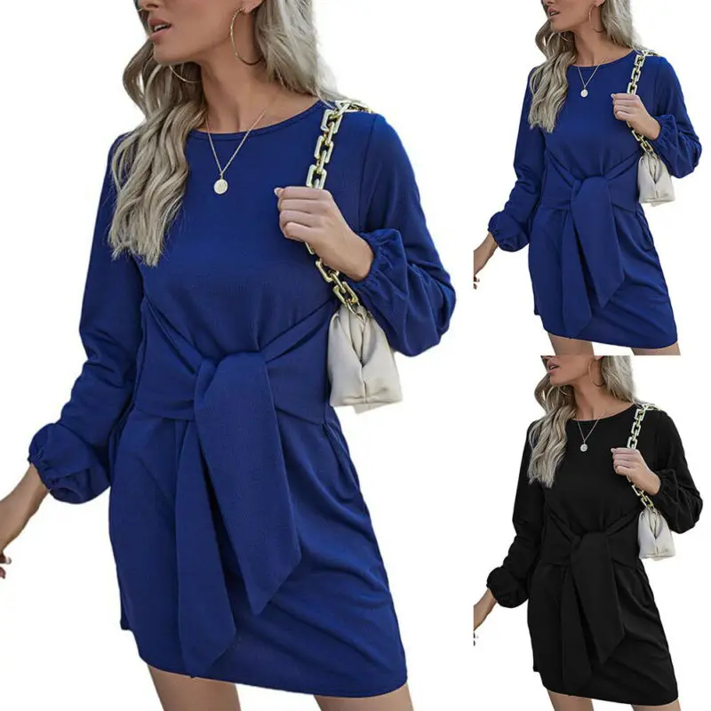 Women Round Neck Long Sleeve Dress Solid Color Cotton Bandage Waist Skirt Fashion Sexy Casual Loose Dresses Knee-Length
Women Round Neck Long Sleeve Dress Solid Color Cotton Bandage Waist Skirt Fashion Sexy Casual Loose Dresses Knee-Length