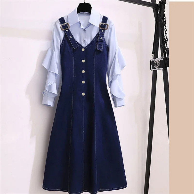 Women Denim Strap Dresses Sets 2022 New Summer Long Sleeve Shirt Tops + Button Jeans Dress 2 Piece Set Loose Female Dress
Women Denim Strap Dresses Sets 2022 New Summer Long Sleeve Shirt Tops + Button Jeans Dress 2 Piece Set Loose Female Dress