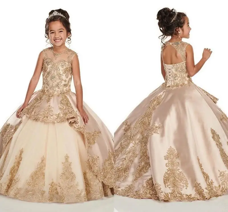 

3D Floral Applique Lace Champagne Flower Girls Dresses Cap Sleeve Jewel Beaded Crystal Puffy First Communion Girls Pageant Dress