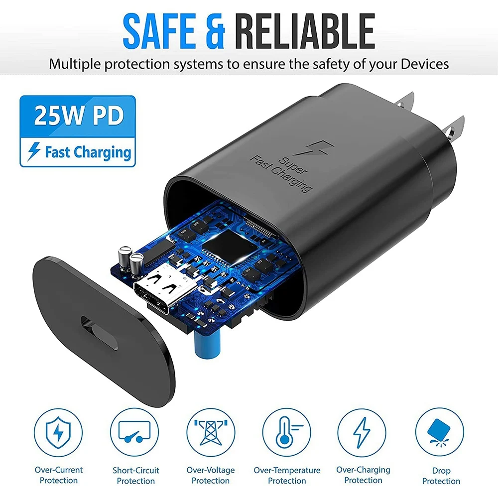 Зарядное устройство типа C 25 Вт USB 2 шт. 6 футов кабель для Samsung Galaxy S21/ S21 Ultra/S21 Plus/S20