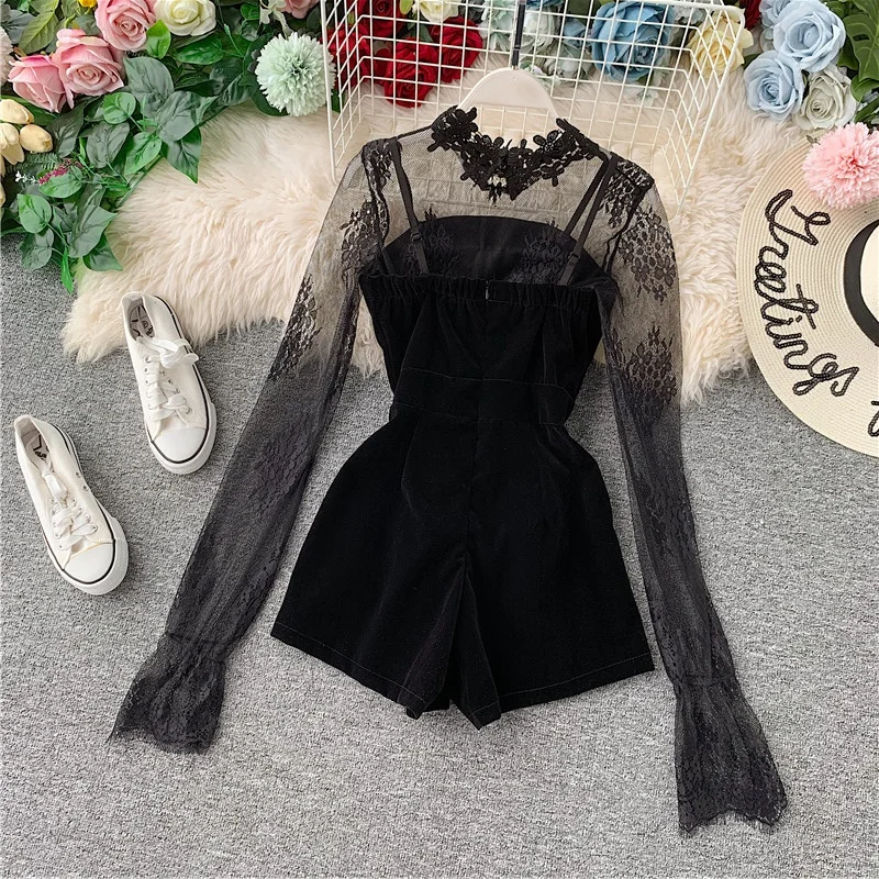 Women Sexy Perspective Lace Embroidery Mesh Shirt + Double-breasted Golden Velvet Playsuit Shorts Two-piece Girls Ladies Sets
Women Sexy Perspective Lace Embroidery Mesh Shirt + Double-breasted Golden Velvet Playsuit Shorts Two-piece Girls Ladies Sets