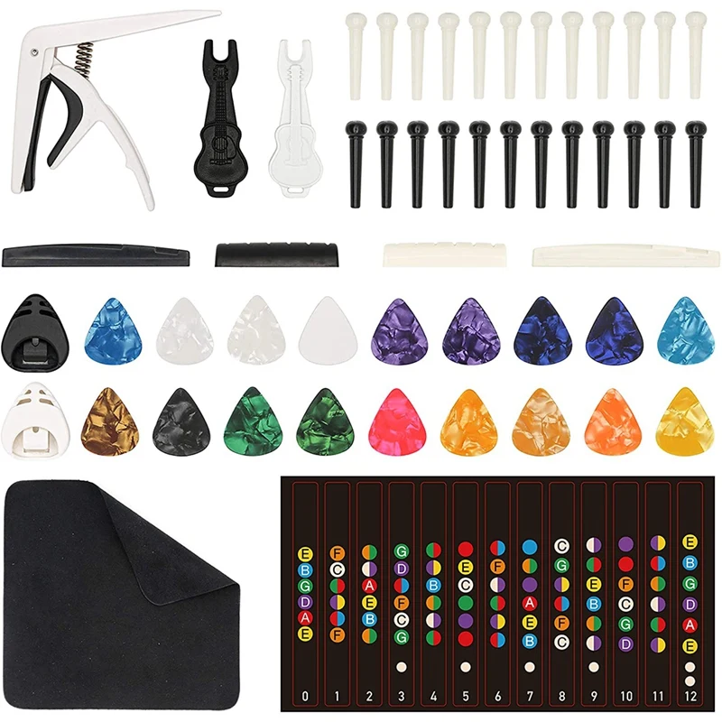 53 PCS Guitar Accessories Kit-Acoustic Guitar Bridge Pins Pegs,Bridge Pin Puller Remover,Capo,Guitar Picks
53 PCS Guitar Accessories Kit-Acoustic Guitar Bridge Pins Pegs,Bridge Pin Puller Remover,Capo,Guitar Picks