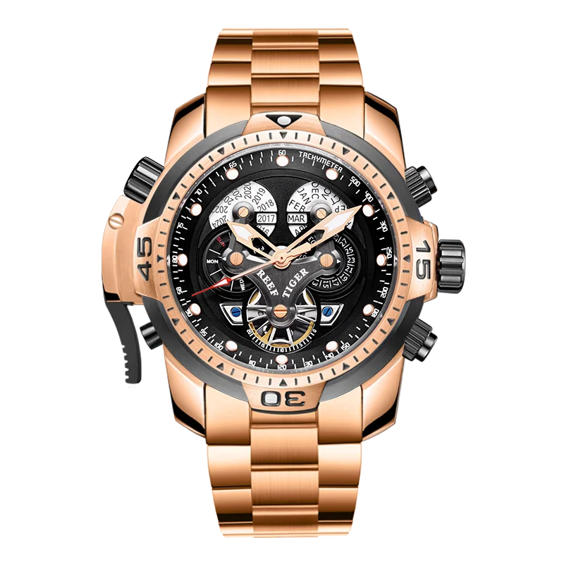 Reef Tiger/RT Designer Sport Mens Watch with Perpetual Calendar Date Day Complicated Rose Gold Mechanical Bracelet Watch RGA3503
Reef Tiger/RT Designer Sport Mens Watch with Perpetual Calendar Date Day Complicated Rose Gold Mechanical Bracelet Watch RGA3503