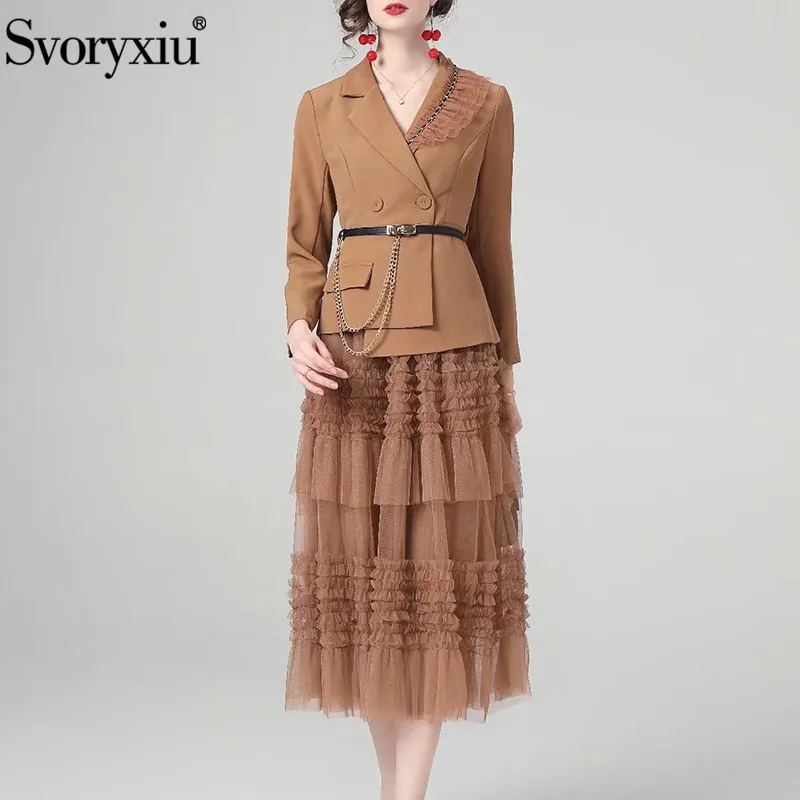 

Svoryxiu Autumn Fashion Office Lady Midi Skirt Suit Suit Collar Sashes Slim Top+Elastic Waist Net Yarn Ruffles Skirt 2-Piece Set