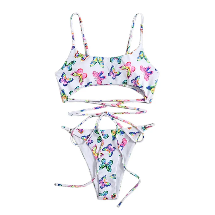 

Oluolin Women Sexy Bikini Set Butterfly Print Bandage Swimsuit Low Waist Swimwear 2021 Summer Beachwear Swim Suit