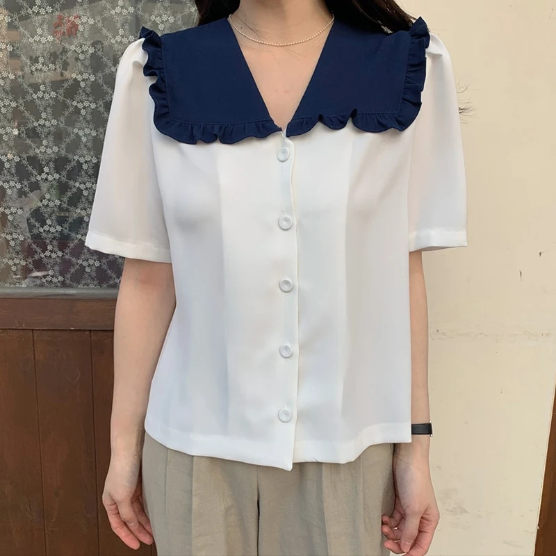 Pinkou Women Fashion White Ruffled Blouse Short Sleeve Single Breasted Shirts Summer Thin Sweet Cute Tops DA14
Pinkou Women Fashion White Ruffled Blouse Short Sleeve Single Breasted Shirts Summer Thin Sweet Cute Tops DA14