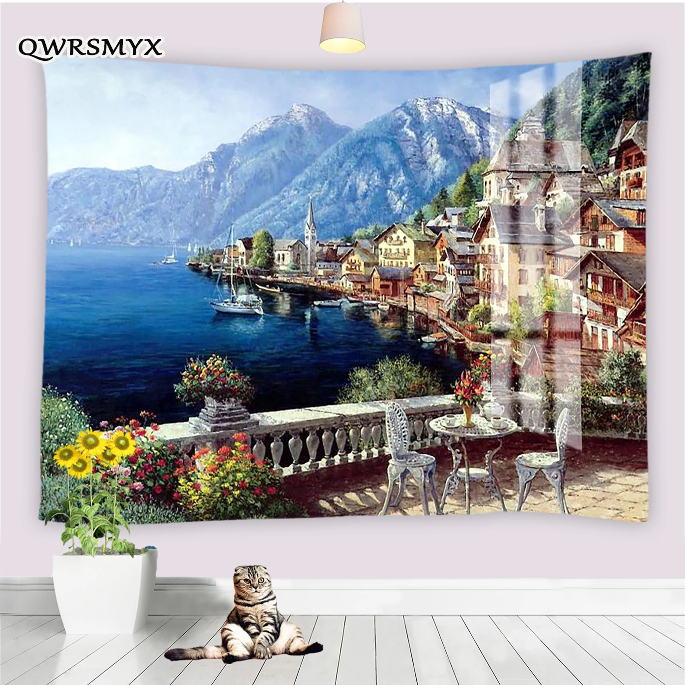 

Oil Painting Europe U.S Seaside Town Scenery Tapestry Wall Hanging Living Room Bedroom Dorm Decor Tapestries Home Art Adornment