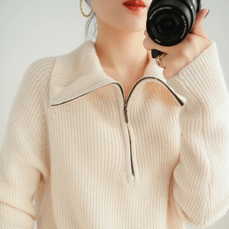 Cashmere sweater winter ladies zipper lapel pullover casual knitted thick tops 100% pure wool plus size long-sleeved bottoming
Cashmere sweater winter ladies zipper lapel pullover casual knitted thick tops 100% pure wool plus size long-sleeved bottoming